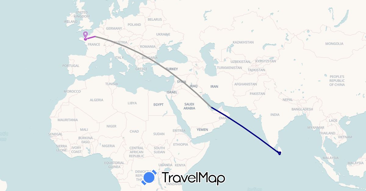 TravelMap itinerary: driving, plane, train in France, Sri Lanka, Qatar (Asia, Europe)